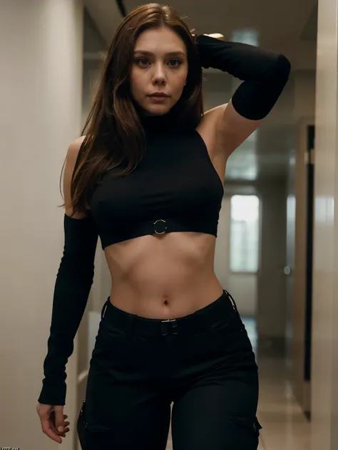 Elizabeth Olsen as a secret spy, she is beautiful and has the perfect face. She has brown hair and an athletic build. She wears black underboob, sleeveless, black tactical pants, defined abs. 