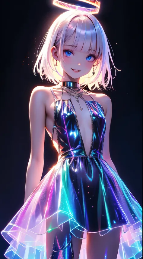 (masterpiece),(highest quality:1.2),(Perfect Anatomy),Exquisite detail,((1 Girl)),Long silver hair,((Flat Chest)),Beautiful and exquisite blue eyes,hologram Laser dress,(holographic halo:1.5),(black background),cowboy shot,Captivating smile