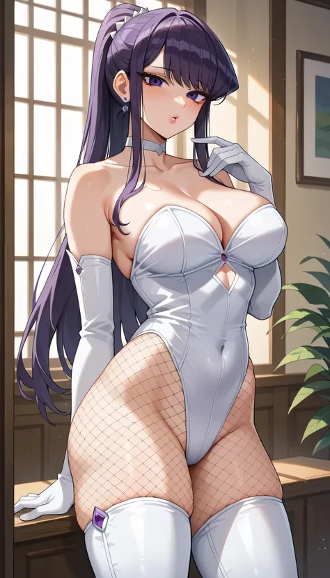 masterpiece, best quality, highres, 1girl, solo, Komi Shouko, Long hair, Purple Hair, bangs, light makeup, Purple eyes, (glossy lips), highly detailed, illustration, looking at viewer, strapless white leotard, freckles, high ponytail, large breasts, standi...