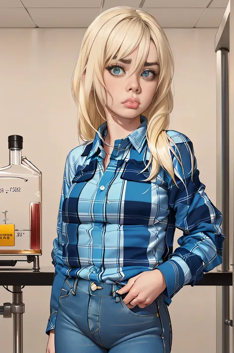 Billie Eilish, (Billie Eilish:1.5), masterpiece quality, (masterpiece quality:1.3), detailed, realistic, (realistic:1.3), 1girl, solo, (solo:1.9), 30 years old, in a laboratory, (in a laboratory:1.5), chemistry equipment in background, (chemistry equipment...