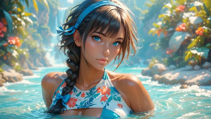((1girl, solo)), standing in the water at the beach, ((dark tan girl), (tan skin), cute girl, (()), ((skinny)), ((petite)), (long hair), (side braid), ((black hair with blue strip)), pastel colors, ((tight bikini top)), midriff, hard nipples, underboob, lo...