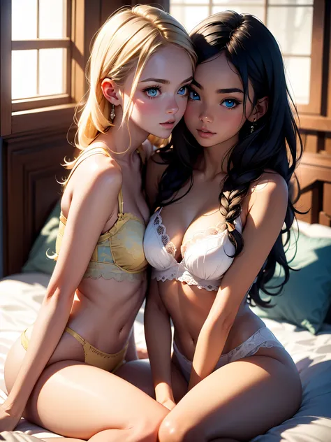 two girls in an intimate moment undressing, natural lighting, blue or orange eyes, slim body, long blonde or black hair, hair in braids or loose, sun shining through the window, wearing tight white or yellow lace lingerie with holes, transparent clothing, ...