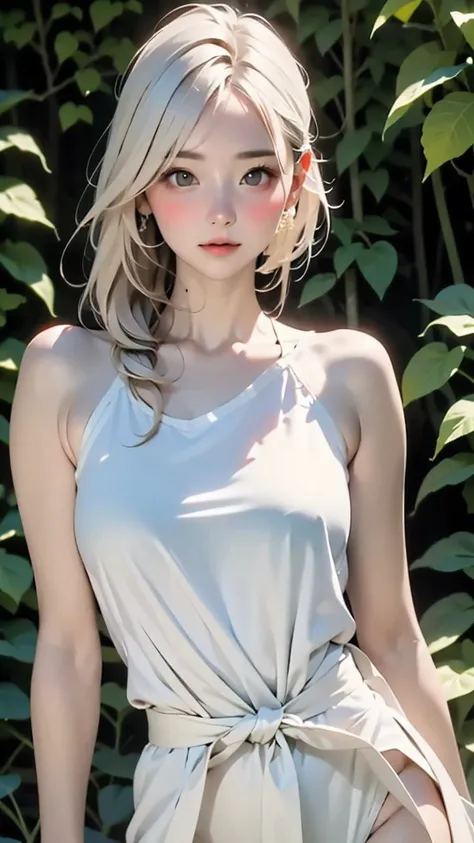 Low Leg, Low rise, albino, (((Realistic images))), Translucent white skin, White camisole, ((girl, Upper body angle)), the skin is transparent, Make the expression more realistic, thin, Soft and smooth white hair, Highlight wrinkles in clothing, Highest qu...