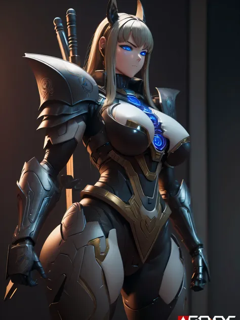 (Perfect Masterpiece), realistic details, high resolution, awesome logo on bottom. Armor from Berserk references, gantz  reference. Sexy mecha girl with round tits, niples, sexy body. big sword in one hand. Blue eyes, full body, sexy pose. Round ass, slim ...