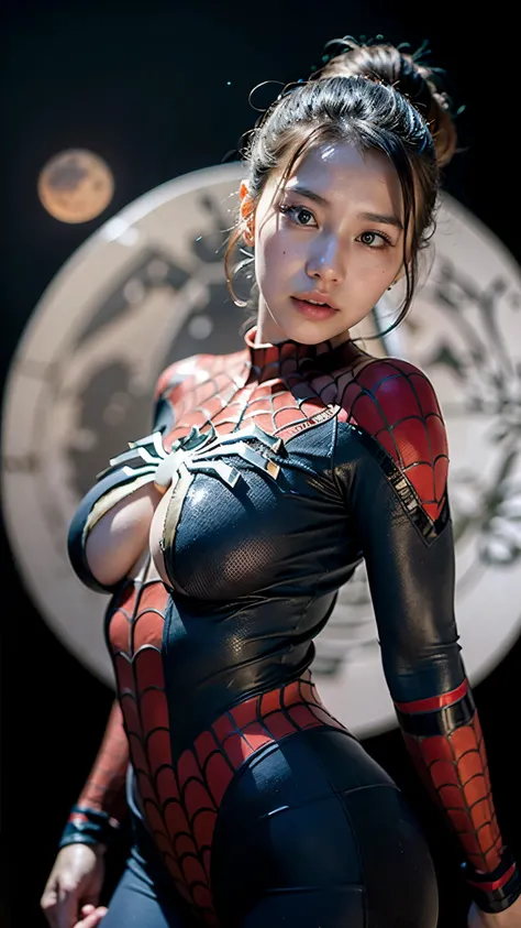 top-quality close-up portrait, ((Beautiful korean girl, wearing spiderman white black costume, microfiber material):1.5), bewitching face, ((spiderman likeness):1.4), ((beautiful detailed eyes, round big eyes, beautiful detailed lips, sharp nose, extremely...