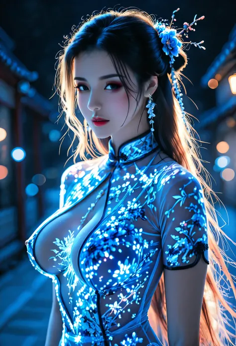 Score_9, score_8_up, score_7_up, , 1girl, long_hair, portrait, 3/4 body, china transparent silk dress, dress, hair ornament, necklace, jewelry, long hair, earrings, chinese clothes, glowing cheongsam, rating_explicit, perfect breasts, bioluminescent, magic...