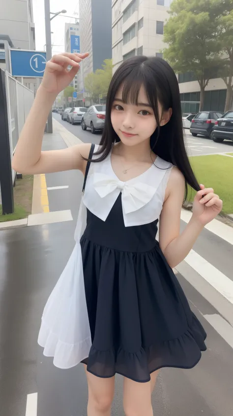 top quality、  natural depiction、  nothing 、  details、delicate、Very high degree of perfection 、 beautiful,Girls are middle school students  １Grade、   black hair、Cute girl's eyes、Best ratio、 小さなchest、 looks like Tomoyo Daidoji and is a full-body photo showin...