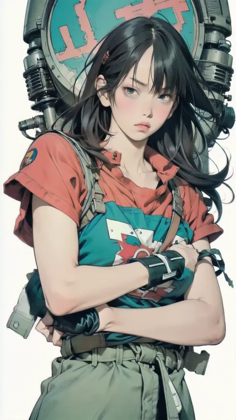 fighting gloves with crossed hands, Close-up photo of an anime girl crossing her arms、Otomo Katsuhiro , black hair、semi-long hair, Akira art style, Akira Style illustration, Akira's Japanese Art , Akira Style, Toriyama Akira style, Satoshi Kon's art styl...