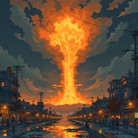    Midnight, Huge Flame, glowing hologram, swallow the city、Pillar of Fire