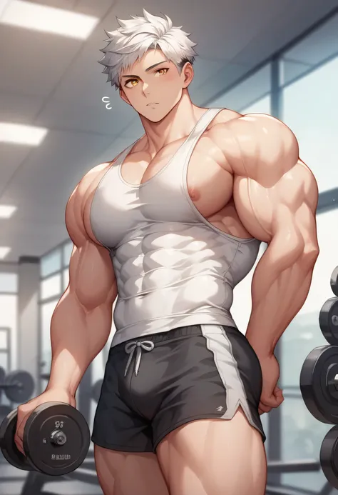 score_9, score_8_up, score_7_up, score_6_up, 1boy, solo, straight hair, short hair, White-silver hair, amber eyes, bodybuilder body, huge muscular, gigachad, black gym shirt, (tank top), white gym shorts, indoors of gym, standing, looking at viewer, carefr...