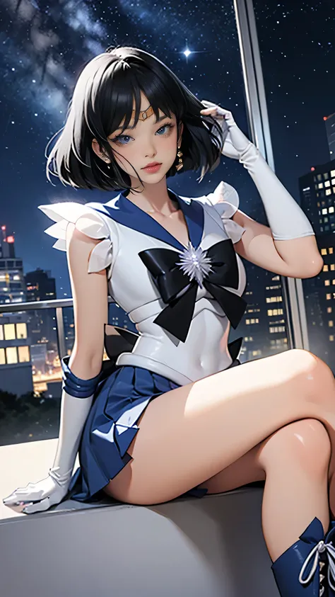 Sailor Saturn，hotaru， white sailor suit，Blue collar。blue miniskirt，blue pleated skirt，Beautiful Legs，Blue boots，Boots，black hair， short shoulder-length hair，Beautiful Legs，Long Legs，long white gloves，decoration on the forehead，Wear a large fuchsia bow on y...