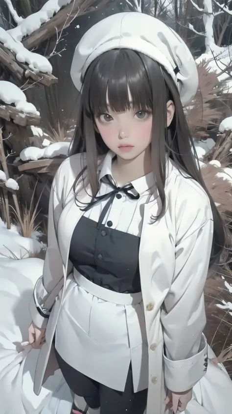 shot from above、Winter anime girl in white coat and hat posing in a snowy forest, black hair、full bangs、 anime drawing inspired by Miu Komatsu, cute girl anime visual, Hinata Hyuga, Bewitching Anime Girl, charming anime girl, Anime Best Girl , winter aes...