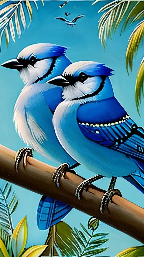 painting of two blue birds sitting on a tree branch, mystical birds, bluejay, blue bird, gorgeous art, beautiful art, very detailed birds, beautiful depiction, by Roger Dean, tattoo of a california scrub jay, julie dillon, blue feathers, incredibly beautif...