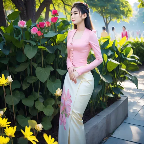 Master piece, 1 girls, solo, cinematic full light, in the park, elegant beauty, Myanmar causal, kmm, wearing kmm