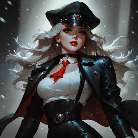 dark color scheme, detective retro noir, monochrome retro_noir art style, perfect waist, black pants, belt, platinum blonde, long silky straight hair, bangs, hat, leather coat, suspenders, white shirt, choker, makeup, bright red lipstick, eyeliner, eyeshad...