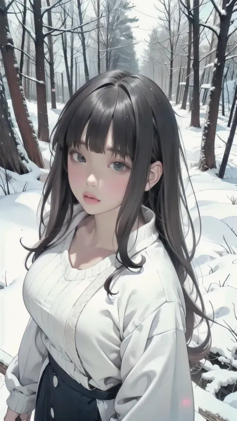 shot from above、Winter white knitted anime girl posing in a snowy forest, black hair、full bangs、 anime drawing inspired by Miu Komatsu, cute girl anime visual, Hinata Hyuga, Bewitching Anime Girl, charming anime girl, Anime Best Girl , winter aesthetics ...
