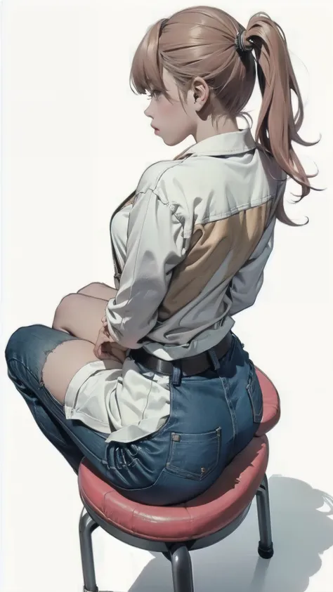 here is a woman、いすに腰かけてている girl、simple white background, Girl sitting on a chair, long shot from behind , Bent knees, Shapely butt, long shot from behind, Tight back view , from above prison, leg and thigh shots、tight DIOR clothes, Gold、Twin Tails、 girl、an...