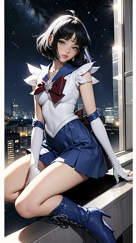 Sailor Saturn，Hotaru，White sailor suit, blue collar. Blue mini skirt, blue pleated skirt, beautiful legs, blue boots, long boots, black hair, shoulder length short hair, beautiful legs, long legs, white long gloves, decorated forehead, purple red big bow o...