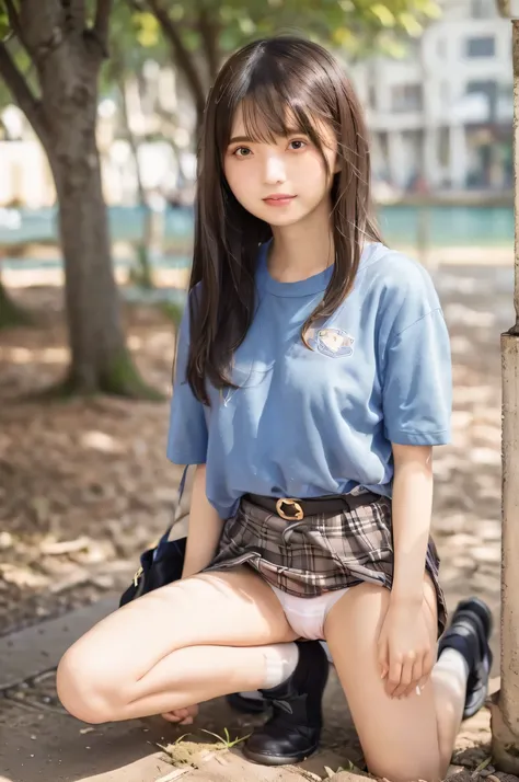 (An 18-year-old Japanese high school girl with an average figure is)、 Cowboy shot above the knee  、  emphasizes her chest with a short-sleeved white shirt that fits her body、 can you confirm swollen nipples 、  Underwear visible through short cuffs、 plaid m...