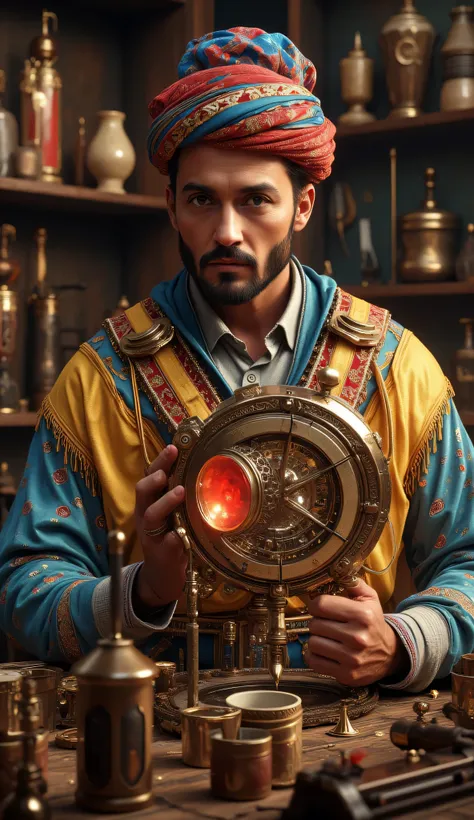Camera Wide angle, Create a hyperrealistic digital artwork showcasing an ancient Arabic engineer from the Archaic medieval period. The scene should be set in a finely detailed magnifier workshop, with the engineer holding an ancient magnifying frame crysta...