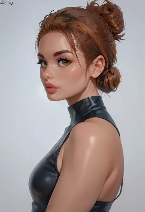 simple background, from side, looking at viewer, perfect face, hair low bun, slick brown hair, black eyebrows, natural eyebrows, big eyes, brown eyes, thick lips, beautiful woman