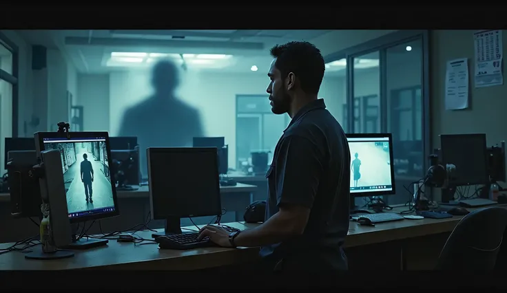 The security screen stabilizes, and the figure has completely vanished. The night shift worker stares at the screen in disbelief, his expression a mix of confusion and dread. The eerie glow of the monitors casts long shadows across the counter, emphasizing...