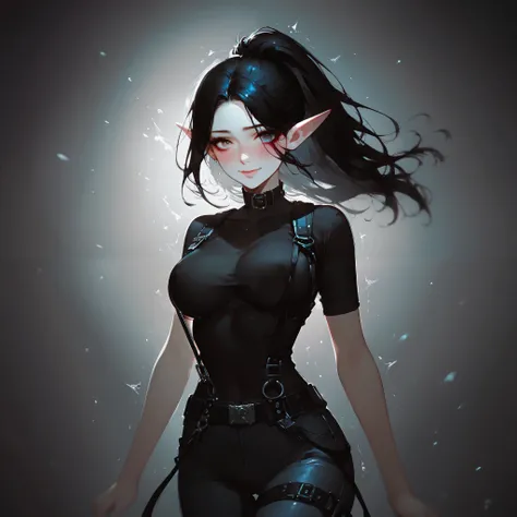 looking at camera, noir effect, in love with viewer, bares breasts, tight clothes, tense body, juicy elastic thighs, harness, snow-white skin, blush, collar, passionate look, playful smile, trembling, 1 cute elf girl, solo, white shirt, pants, suspenders, ...