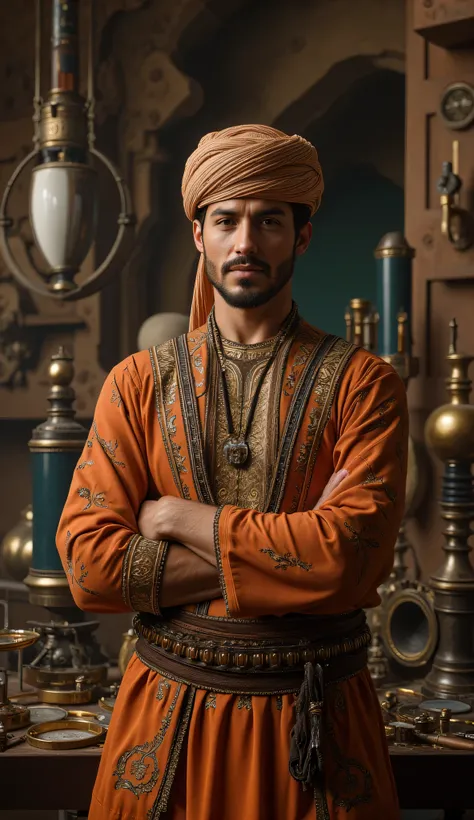 Camera Wide angle shot, Create a hyperrealistic digital artwork showcasing an ancient Arabic engineer from the Archaic medieval period landscape. The scene should be set in a finely detailed magnifier lens workshop landscape, with the full body smiling ara...