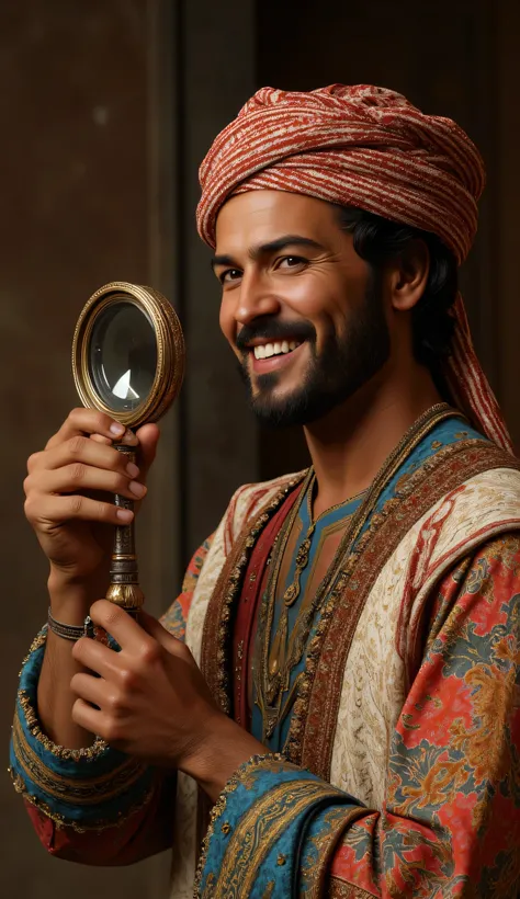 Camera Wide angle shot, Create a hyperrealistic digital artwork showcasing an ancient Arabic engineer from the Archaic medieval period landscape. The scene should be set in a finely detailed magnifier lens workshop landscape, with the full body smiling ara...