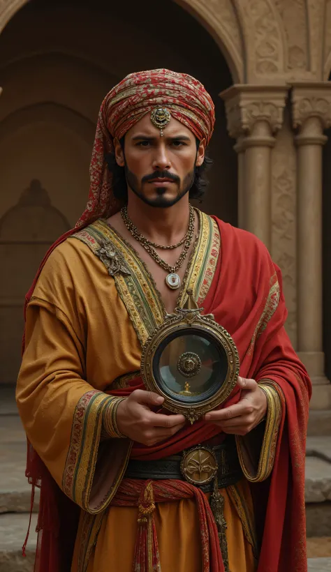 Camera Wide angle shot, Create a hyperrealistic digital artwork showcasing an ancient Arabic engineer from the Archaic medieval period landscape. The scene should be set in a finely detailed magnifier workshop landscape, with the full body arabic engineer ...