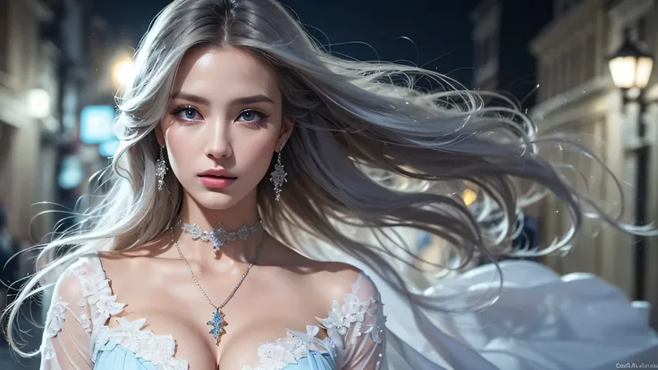 A stunning modern interpretation of a Yuki-onna as the perfect girlfriend, blending gothic elegance with soft femininity. She has long, flowing, icy-blue or silvery-white hair that cascades like a frozen waterfall, framing her delicate yet mesmerizing face...