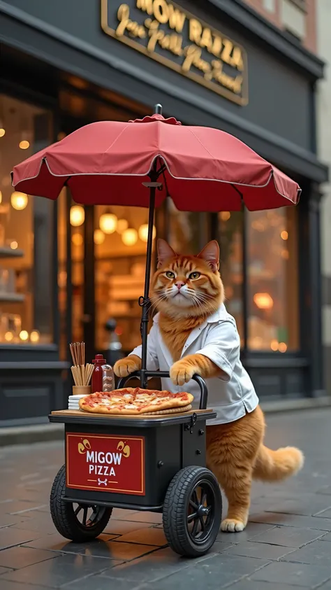 shot from across the street a of a high class super luxury brand watch and jewelry store in a mid day lit street where a  orange cat (wearing a  white shirt ) is pushing a small pizza cart with pizza slices, napkin holder, ketchup bottle and a small umbrel...