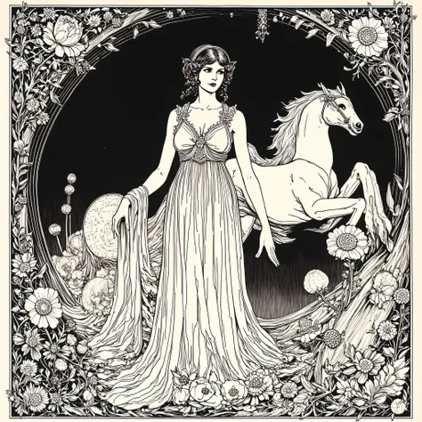 black and white image, solid colors, Art Nouveau style engraving, woman dressed in old style long dress, Ornamental margins the four edges of the image, floral motifs, no gray scale