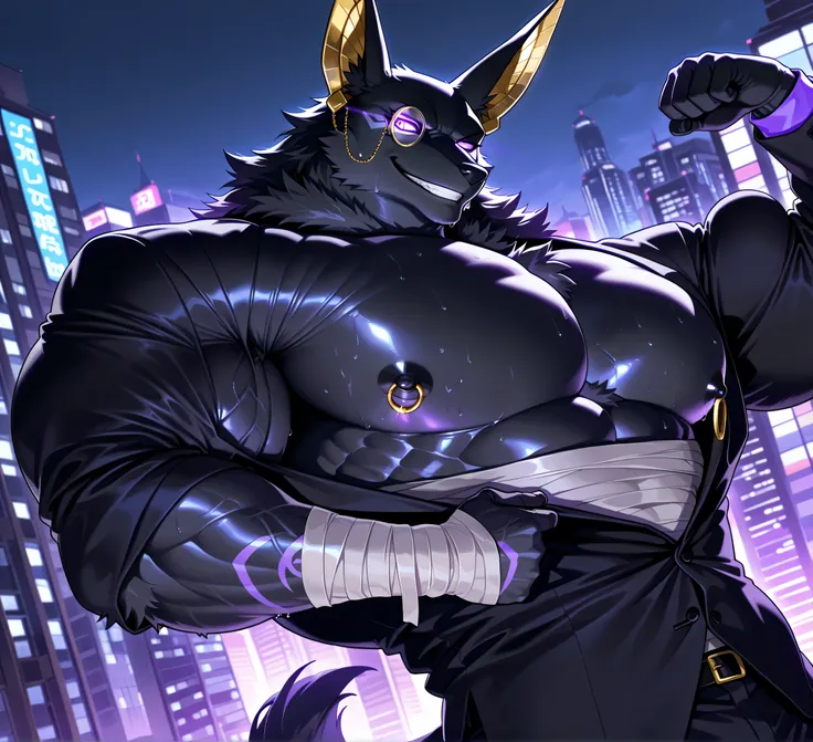 kemono, bara, solo, furry, Anthro, Drew, jackal, black body, male, tail, tall ears, huge muscular, purple glowing eyes, posing, huge black nipples, golden nipple rings, broad shoulders, broad chest, serious, grin, looking at flexing arm, detailed backgroun...