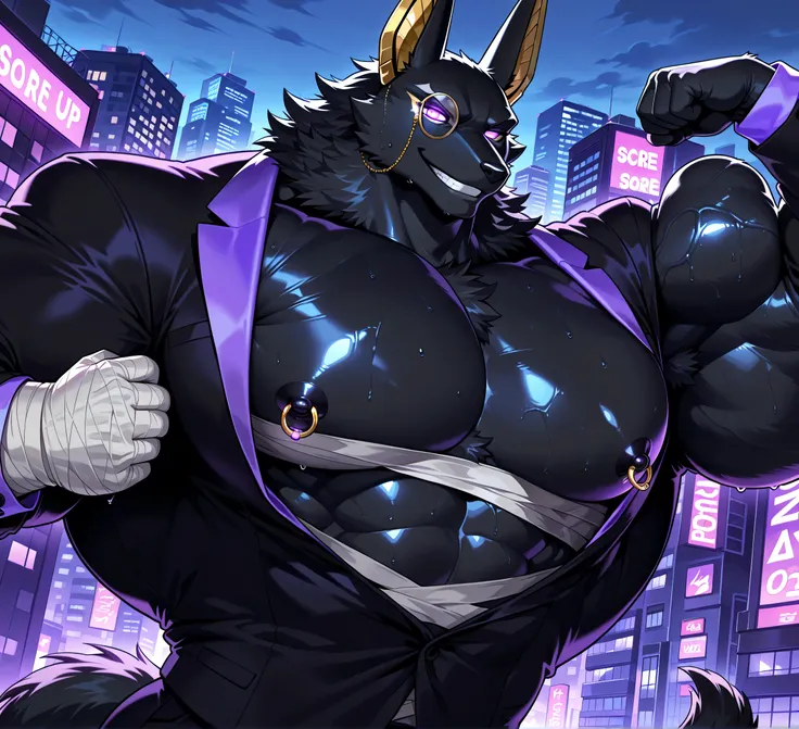 kemono, bara, solo, furry, Anthro, Drew, jackal, black body, male, tail, tall ears, huge muscular, purple glowing eyes, posing, huge black nipples, golden nipple rings, broad shoulders, broad chest, serious, grin, looking at flexing arm, detailed backgroun...