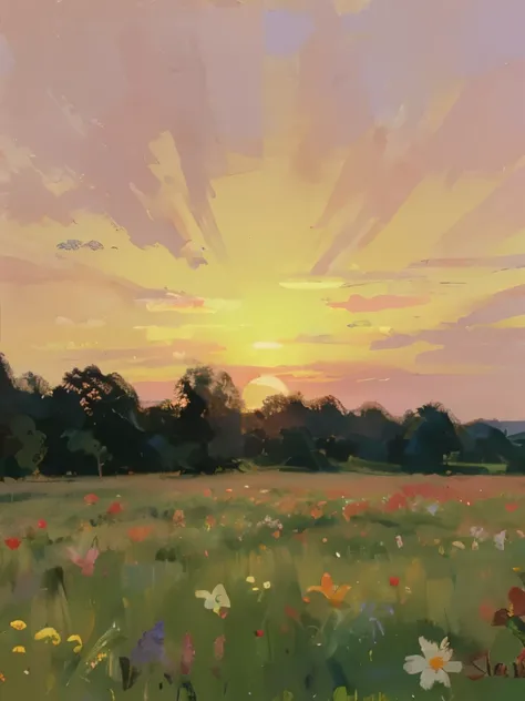 a close up of a field of flowers with the sun setting in the background, floral sunset, glowing flowers, setting in nature, lights with bloom, magical flowers, the brilliant dawn on the meadow, beautiful and aesthetic, warm beautiful scene, nature and flor...