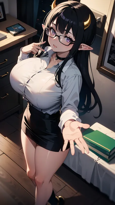 ((masterpiece, the best quality, 4k)), 1 girl, ((seen from above)),   elf ears, long hair, black hair, purple eyes, glasses, glasses, ((long sleeve white shirt)), necklace: 1.6, blunt bangs, straight hair, boring, (huge breasts), Thick lips, indoors, room,...