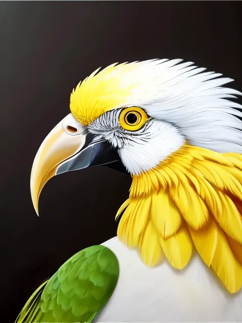 painting of a white bird with a yellow beak and a black eye, cocky expression, cocky, inspired by Gillis d'Hondecoeter, painted in high resolution, animal portrait, painted in acrylic, high detailed oilpainting, oil painted, feathered, painted with a thick...