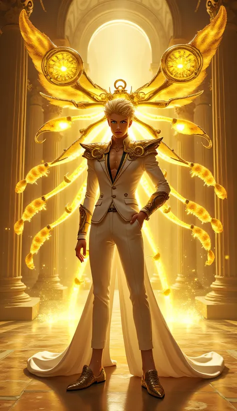 In the style of JoJo’s Bizarre Adventure, Giorno Giovanna stands confidently in his white and gold suit, his Stand, 「GOLDEN WIND」, materializing as a golden humanoid with clockwork wings and glowing ladybug motifs. The battle takes place in a Venetian pala...