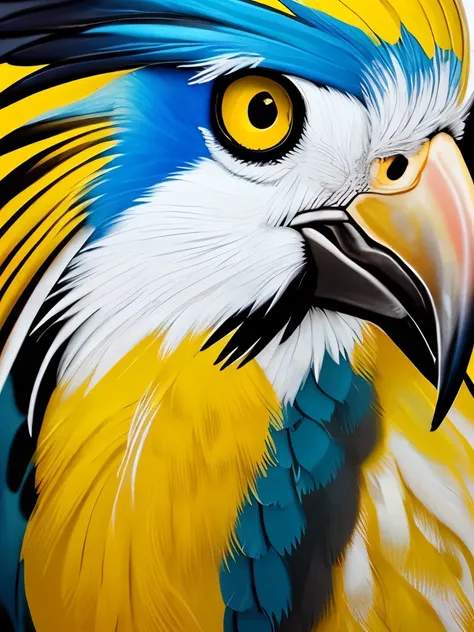 painting of a white bird with a yellow beak and a black eye, cocky expression, cocky, inspired by Gillis d'Hondecoeter, painted in high resolution, animal portrait, painted in acrylic, high detailed oilpainting, oil painted, feathered, painted with a thick...