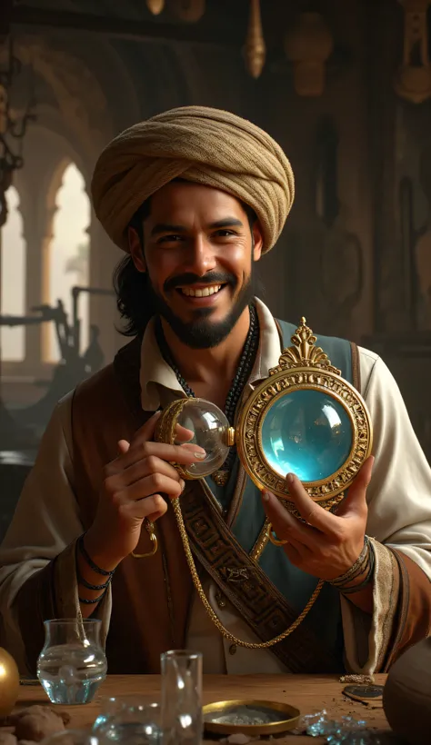 **Prompt:** wider long zoom out scenery. Create a hyperrealistic digital artwork depicting an ancient Arabic glass maker in a medieval panoramic workshop. The scene should capture a full-body portrait of a handsome young male character, smiling as he metic...