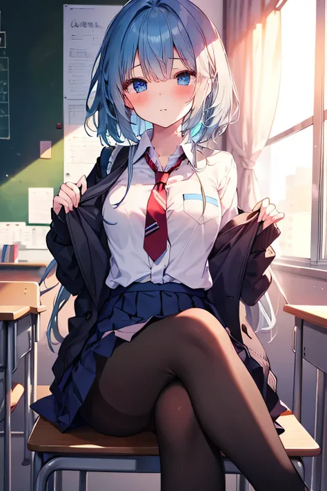 Blue haired girl, blue eyes, lentes, sitting on a chair, crossing her legs,  school background,  school background(classroom), complete anatomy, school uniform, tie, shirt, skirt, pantyhose, blush, first person, Charm, underwear, great body.