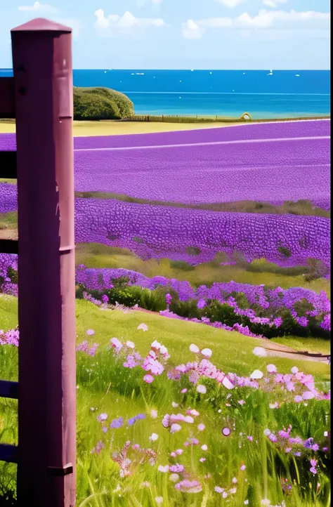 purple flowers in a field next to a fence and the ocean, flowers sea everywhere, peaceful landscape, beautiful landscape, anime countryside landscape, scenery artwork, landscape scenery, a beautiful landscape, beautiful anime scenery, beautiful scenic view...