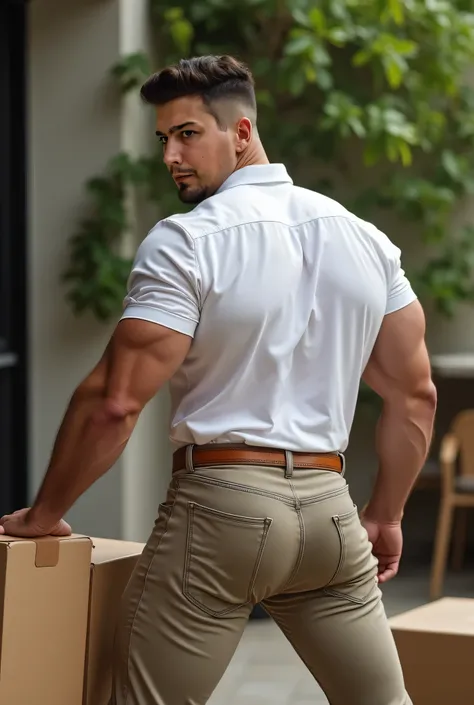 Fotografía realista, 35-year-old muscular (((atletic man))) , , View from below, nalgon de perfil, stripe white formal shirt and very tight khaki jeans, brown belt, de perfil, Big butt, viendo a cámara, ojos negros, en el patio, hombre sexy, muy nalgon, pa...