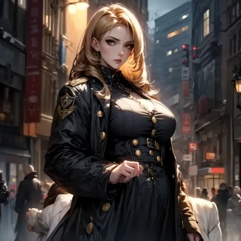 ((best quality)), ((Masterpiece)), ((Enrich the picture,Masterpiece level quality)), golden hair, Curtainbangs very big breasts, golden eyes, fierce woman, street fasion, eyes details, best quality, RAW 4K, Realistically, ( cinematic lighting, moody, text...