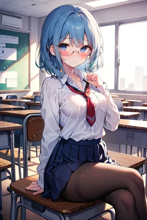 Blue haired girl, blue eyes, lentes, sitting on a chair, crossing her legs,  school background,  school background(classroom), complete anatomy, school uniform, tie, shirt, skirt, pantyhose, blush, first person, Charm, underwear, great body.