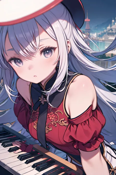 two girls, A girl holds a piano,  The Girl Has a Lute, white hair, Cyansia Fantasy,  Social Popularity of CG , chinese tower, Hope emerges,  Hair is scattered , motion blur, cinematic lighting, blurry foreground, motion line, High Details, 16k, High Resolu...