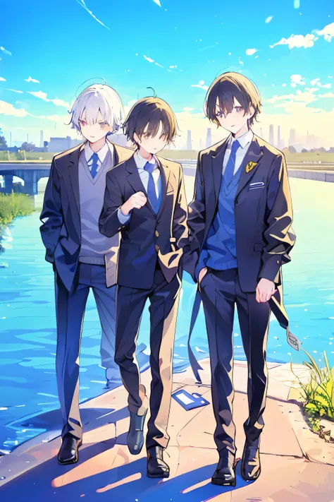 
Three high school boys, on the way home, on the riverbank, looking like they're having fun, in uniform