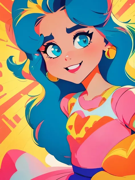 a close up of a cartoon girl with long hair and a colorful dress, vector art by Mario Bardi, instagram, digital art, beautiful retro art, retro style art, cute art style, trending on artstration, retro art style, stunning art style, 7 0 s vibe, in style of...