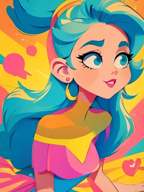 a close up of a cartoon girl with long hair and a colorful dress, vector art by Mario Bardi, instagram, digital art, beautiful retro art, retro style art, cute art style, trending on artstration, retro art style, stunning art style, 7 0 s vibe, in style of...